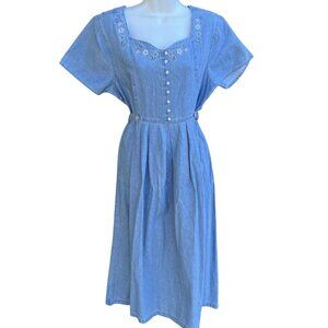 Vintage Women's Denim Blue Dress Embroidered Floral Short Sleeves Size XL 90s